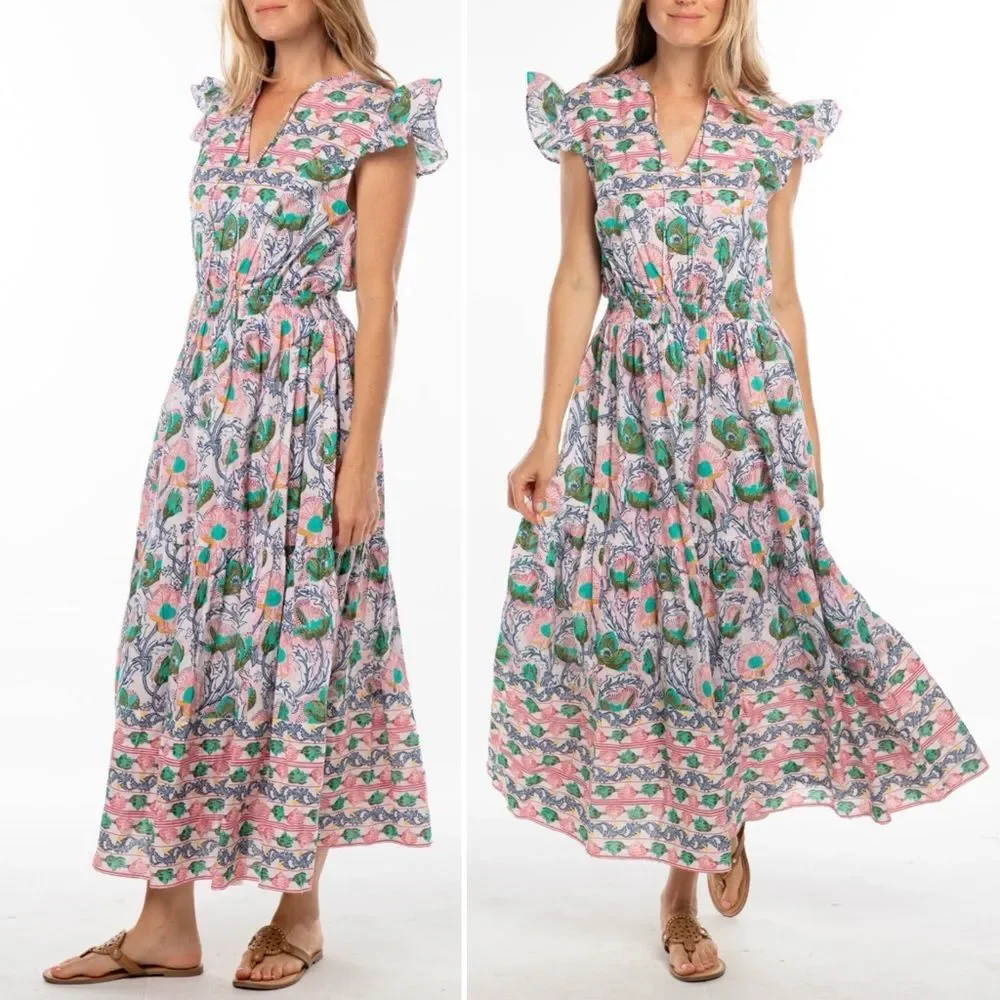 NWT Bindu Anika Dress Pink Multi Floral Ruffle Sleeve Maxi Boho Resort Sz Small - Picture 13 of 13